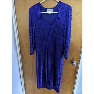 Judith Ann Vintage Blue Full Beaded Gathered Waist Front Slit Dress Size Small